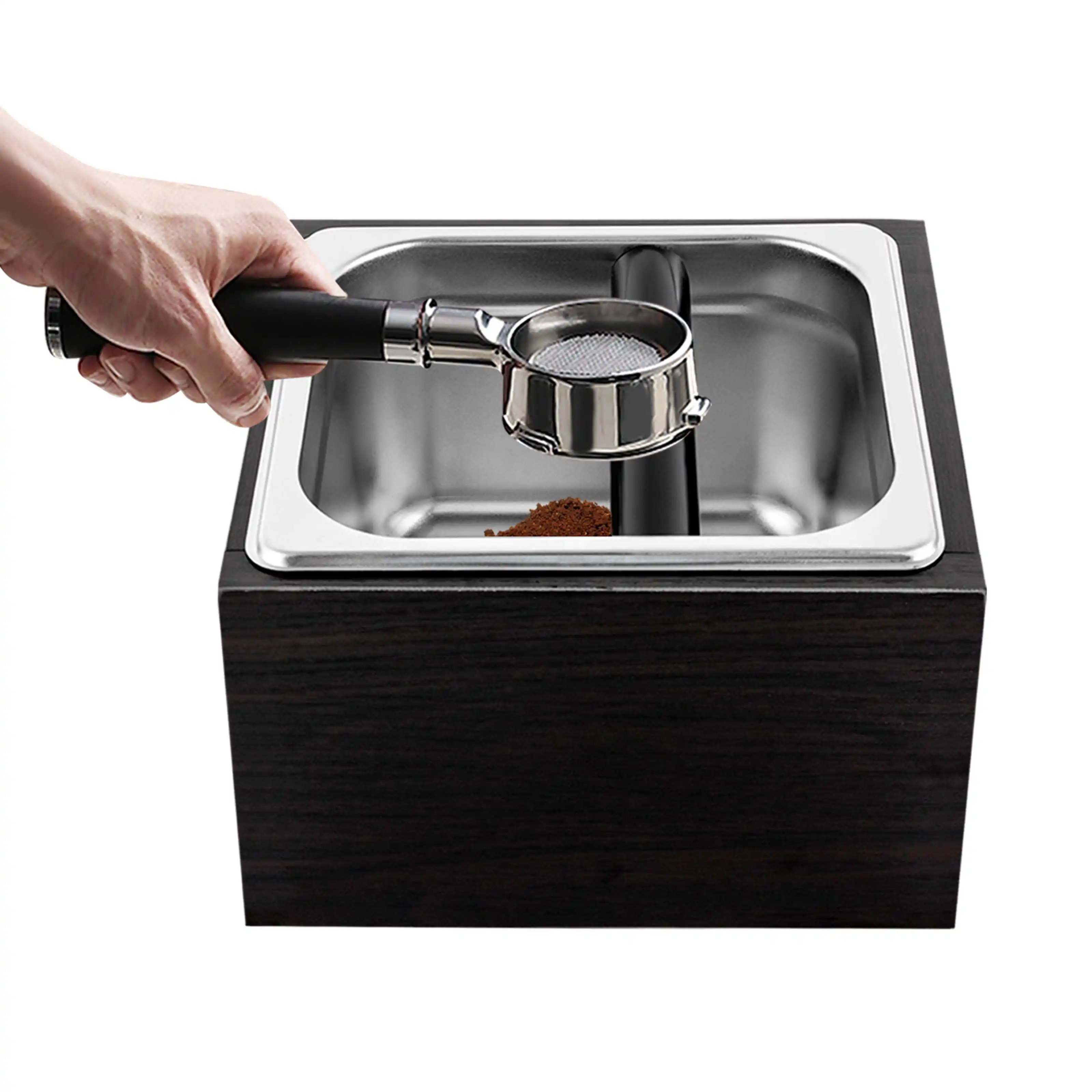 1500ml Coffee Knock Box with Detachable Stainless Steel Bin Noise-dampening Knocking Bar Espresso Coffee Grounds Container