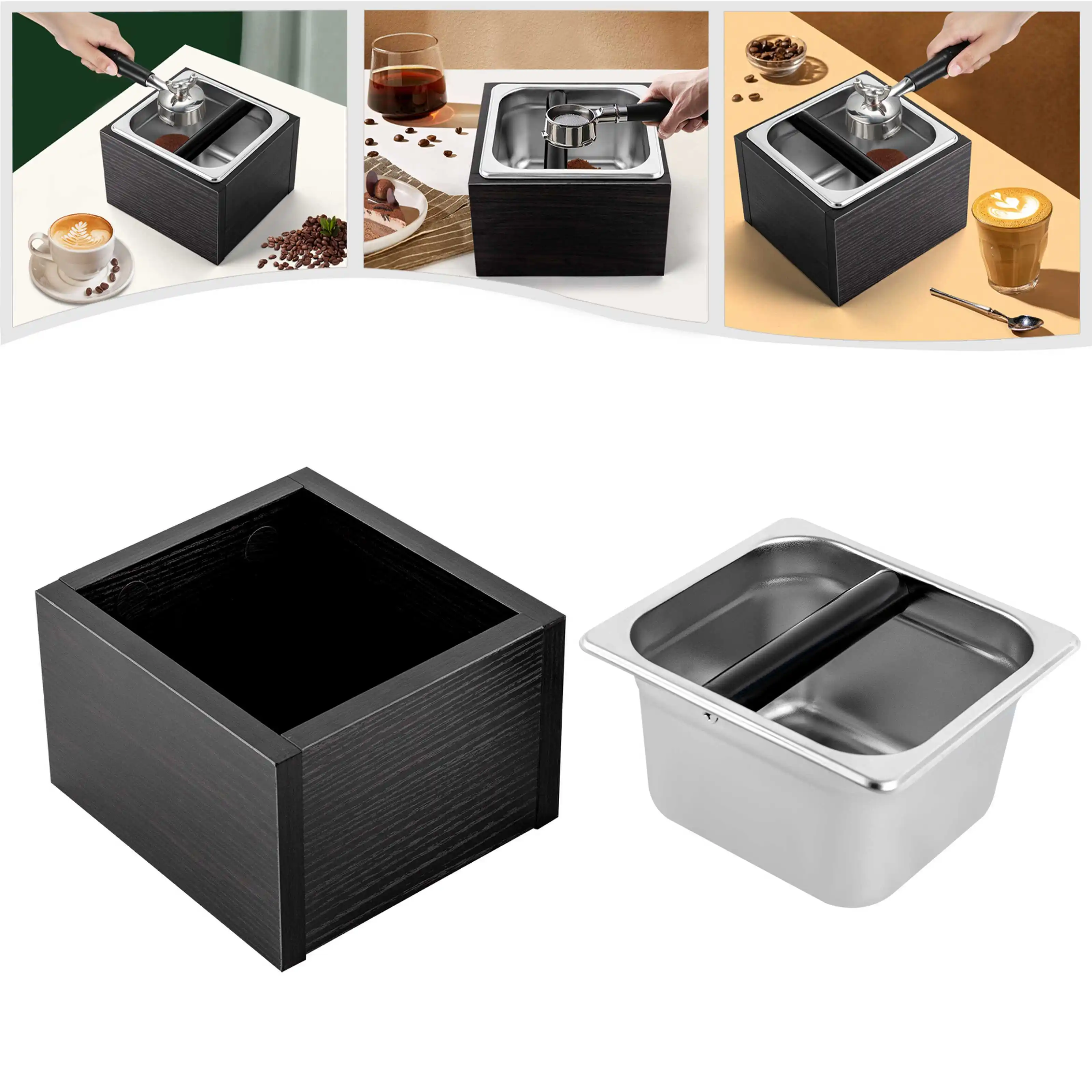 1500ml Coffee Knock Box with Detachable Stainless Steel Bin Noise-dampening Knocking Bar Espresso Coffee Grounds Container