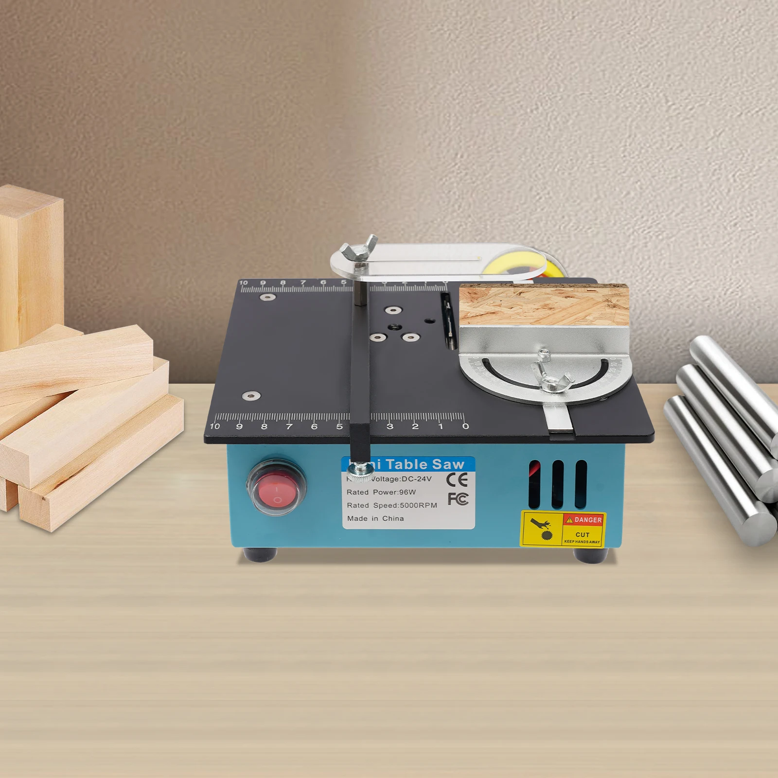 Mini Table Saw 0-90° Cutting Angle Adjustable Small Table Saw w/ 4 Blades 5000r/min Mini Table Saw for DIY Cutting 