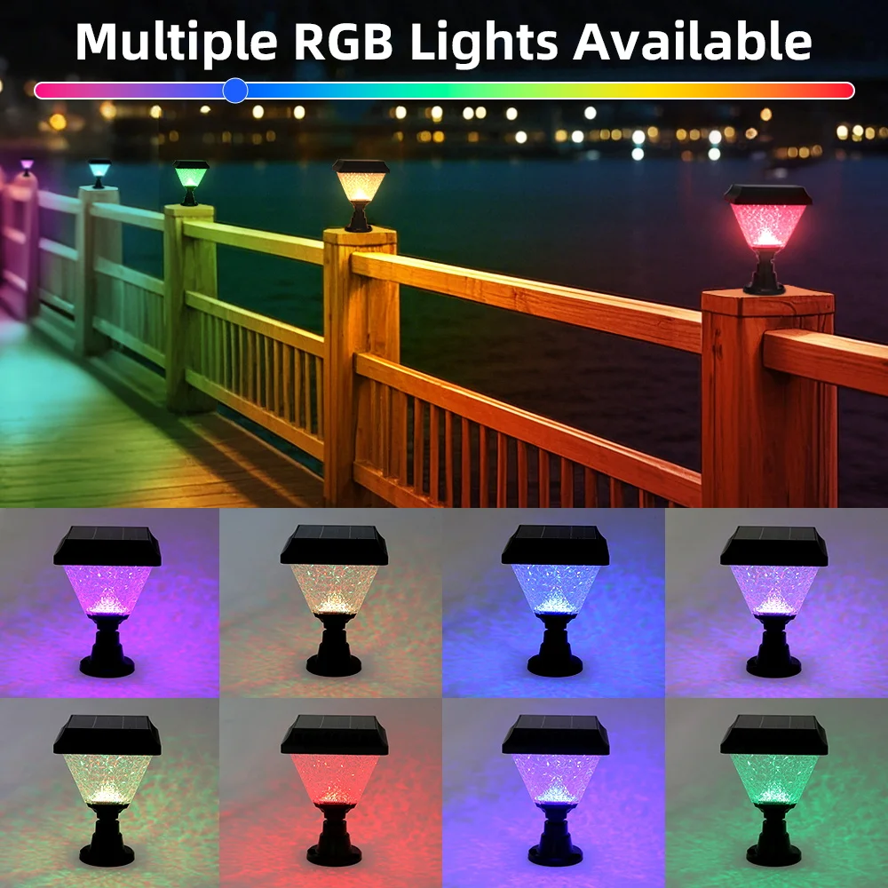 Timed Outdoor Solar Pillar Lights IP65 LED Garden Fence Light Remote Control Dimming RGB Post Lights Auto on/off Street Sunlight