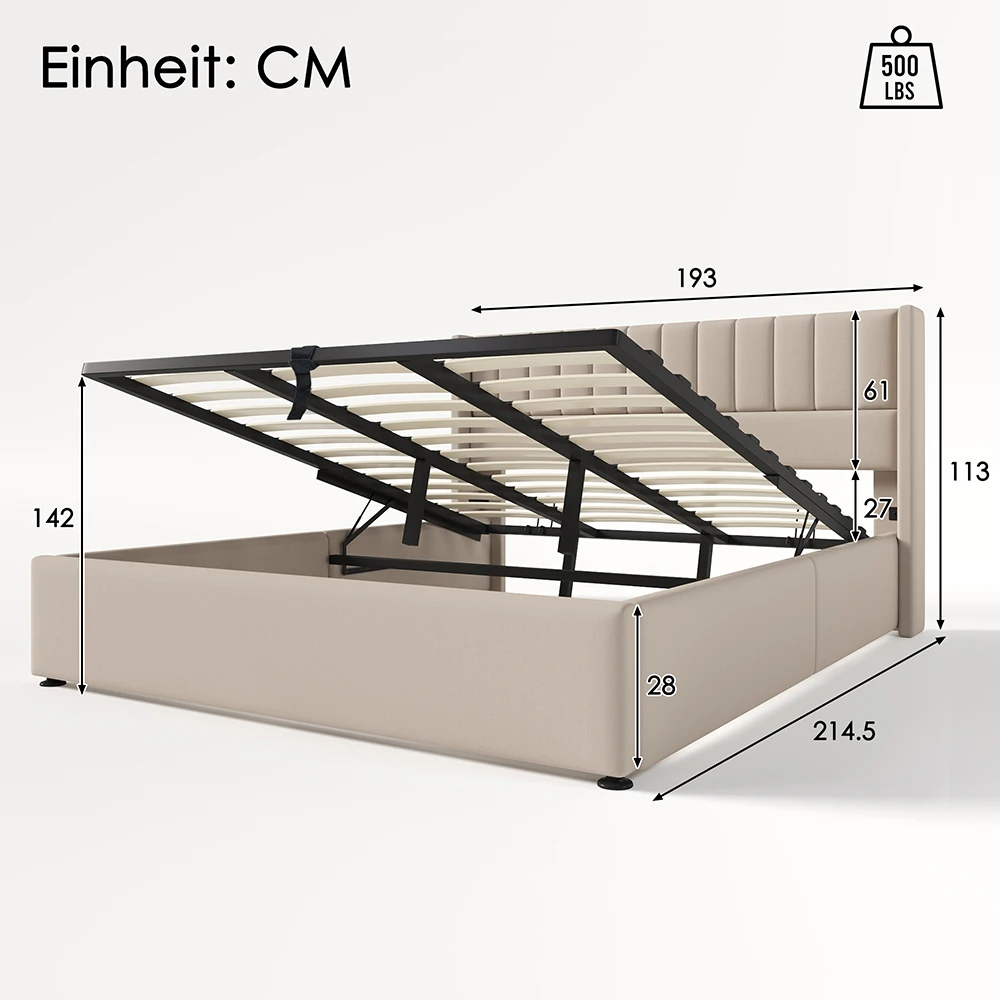 KOMHTOM Hydraulic double bed 180x200cm with upholstery, Wood slatted metal frame, linen, beige