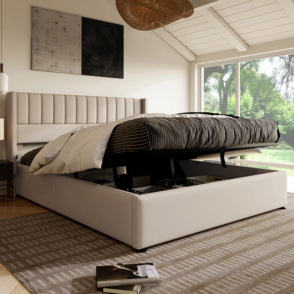 KOMHTOM Hydraulic double bed 180x200cm with upholstery, Wood slatted metal frame, linen, beige