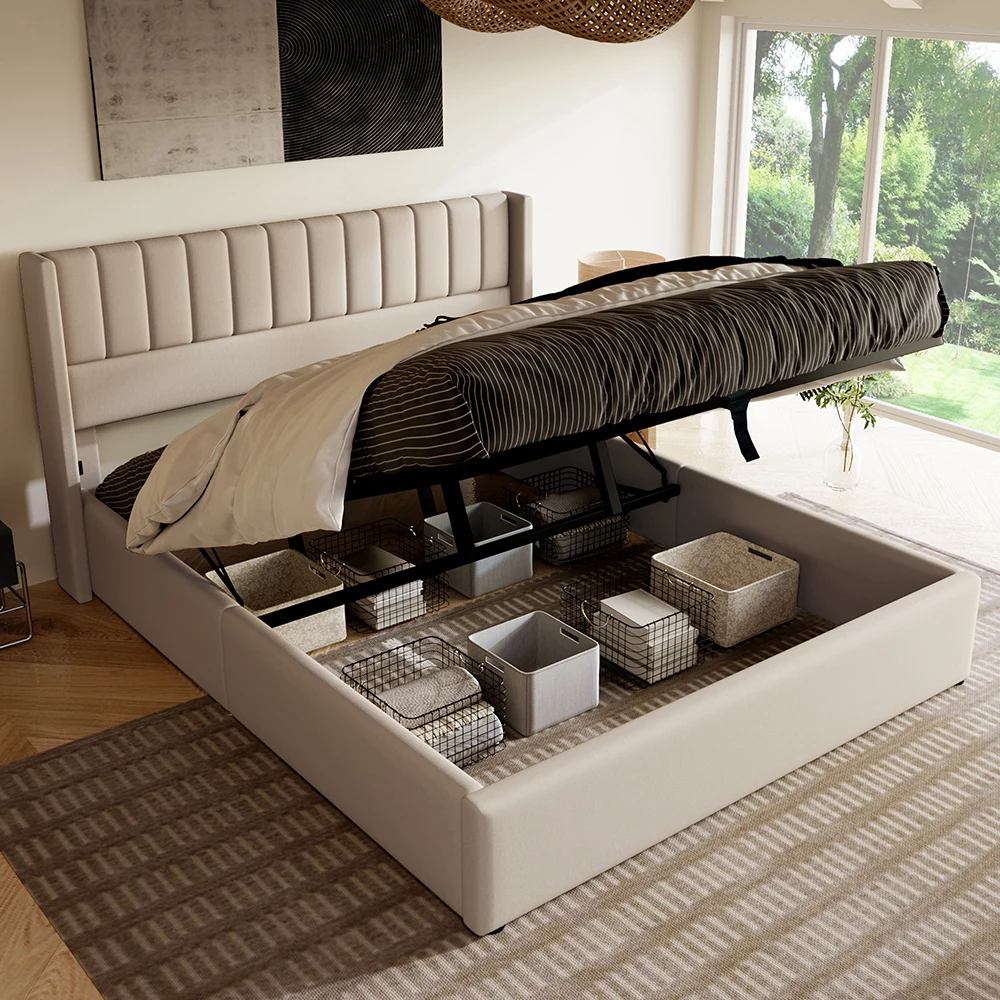 KOMHTOM Hydraulic double bed 180x200cm with upholstery, Wood slatted metal frame, linen, beige