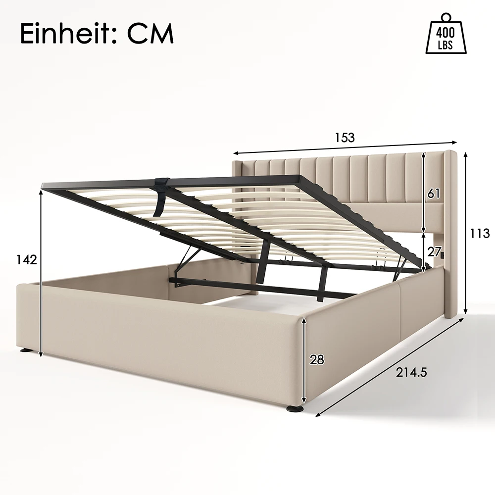 KOMHTOM Hydraulic double bed 180x200cm with upholstery, Wood slatted metal frame, linen, beige