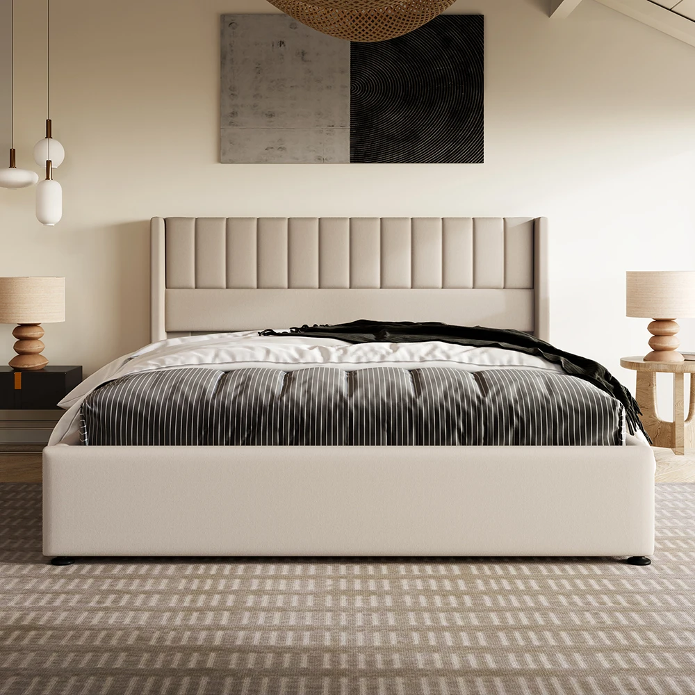 KOMHTOM Hydraulic double bed 180x200cm with upholstery, Wood slatted metal frame, linen, beige