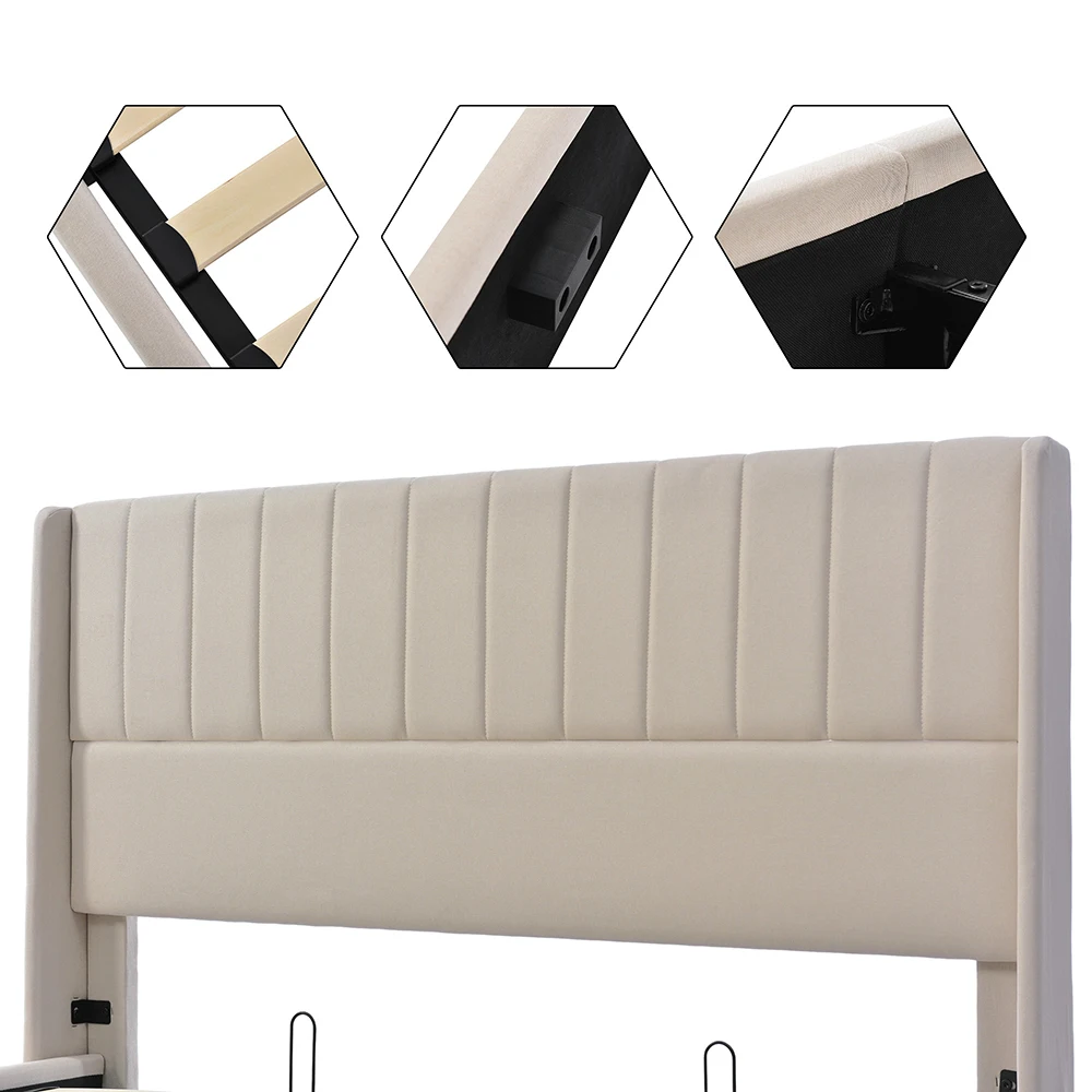 KOMHTOM Hydraulic double bed 180x200cm with upholstery, Wood slatted metal frame, linen, beige