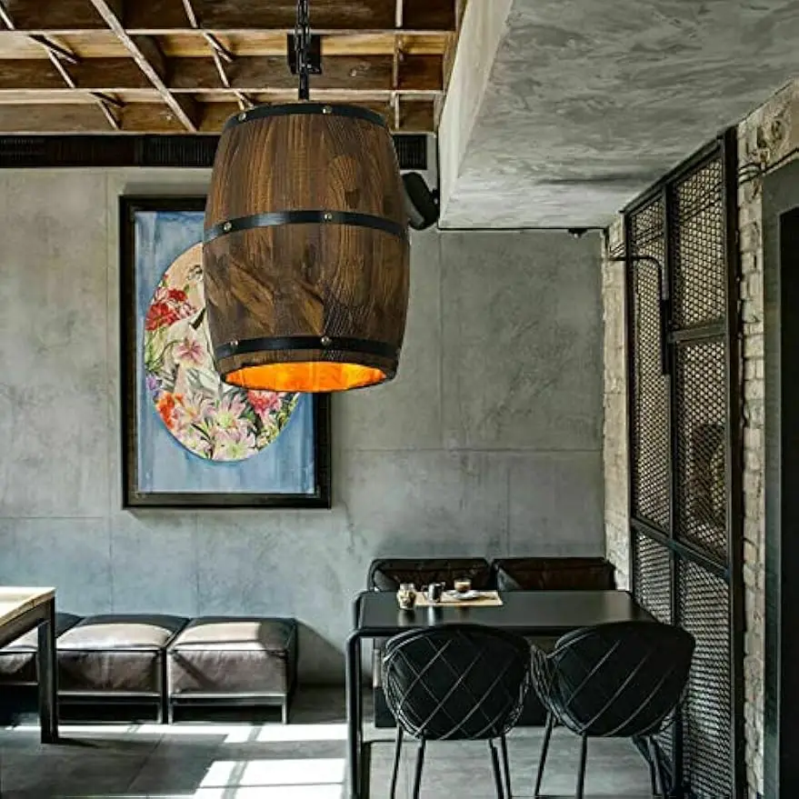 Industrial Retro Wooden Wine Barrel Pendant Light Lamp Ceiling Lamp Pendant Light E26 Ceiling Pendant Light(Bulb Not Included)