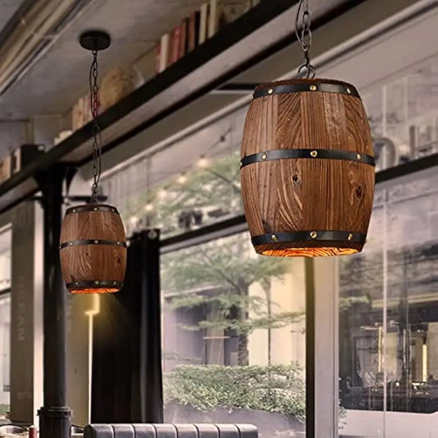 Industrial Retro Wooden Wine Barrel Pendant Light Lamp Ceiling Lamp Pendant Light E26 Ceiling Pendant Light(Bulb Not Included)