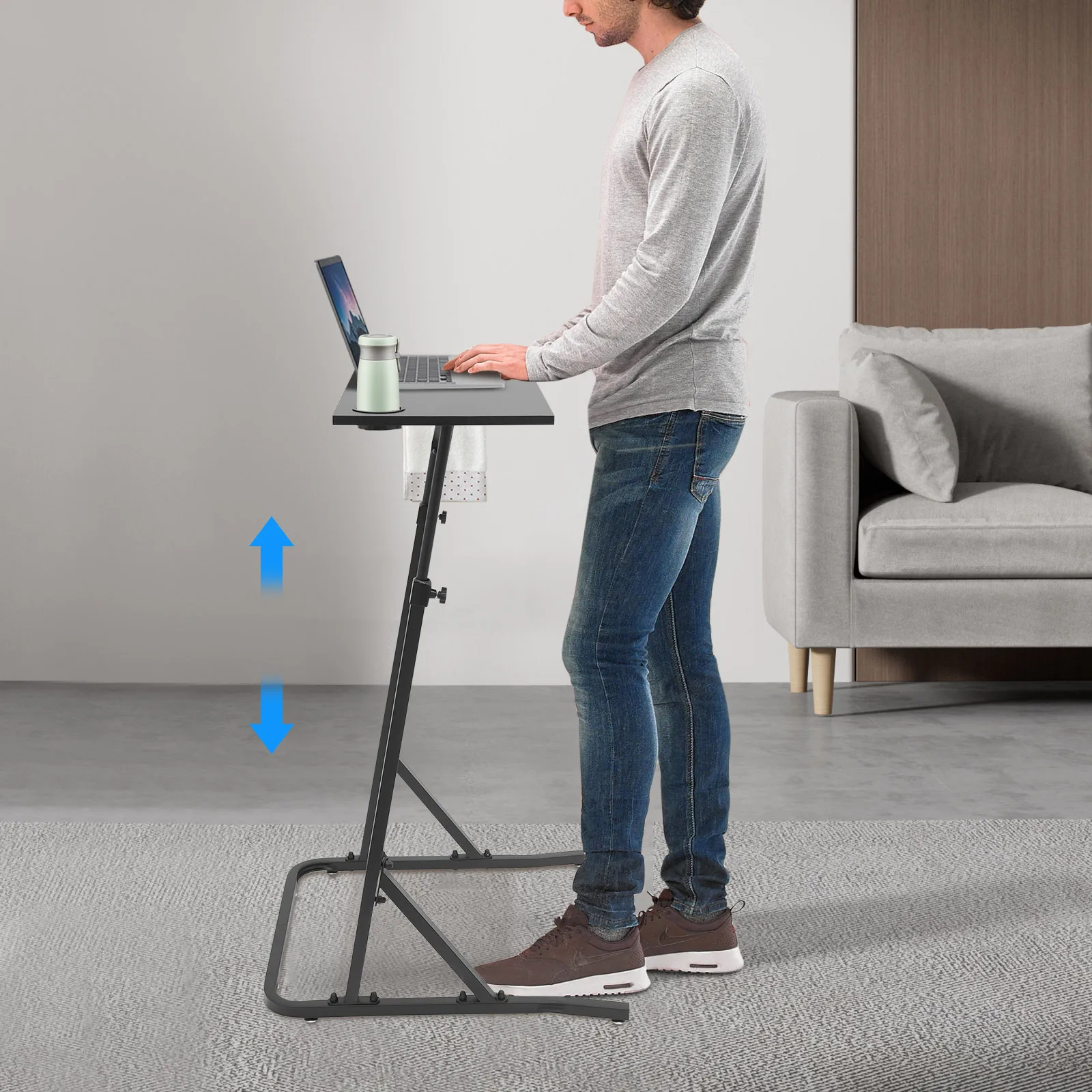 Adjustable Standing Desk with Cup Holder, Height Adjustable Laptop Workstation for Home Office, Fits Exercise Bike & Treadmill, Portable Fitness Desk with Caster Wheels
