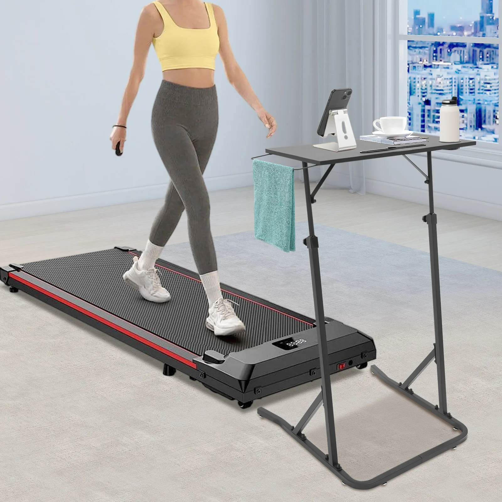 Adjustable Standing Desk with Cup Holder, Height Adjustable Laptop Workstation for Home Office, Fits Exercise Bike & Treadmill, Portable Fitness Desk with Caster Wheels