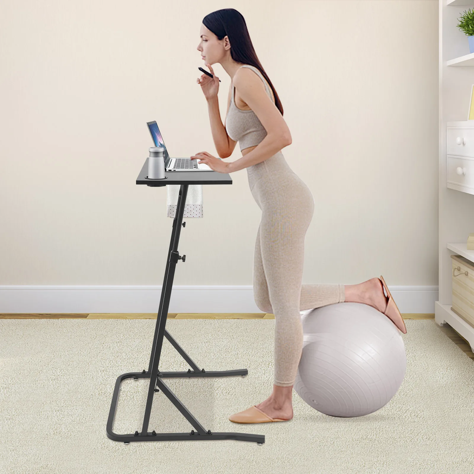 Adjustable Standing Desk with Cup Holder, Height Adjustable Laptop Workstation for Home Office, Fits Exercise Bike & Treadmill, Portable Fitness Desk with Caster Wheels