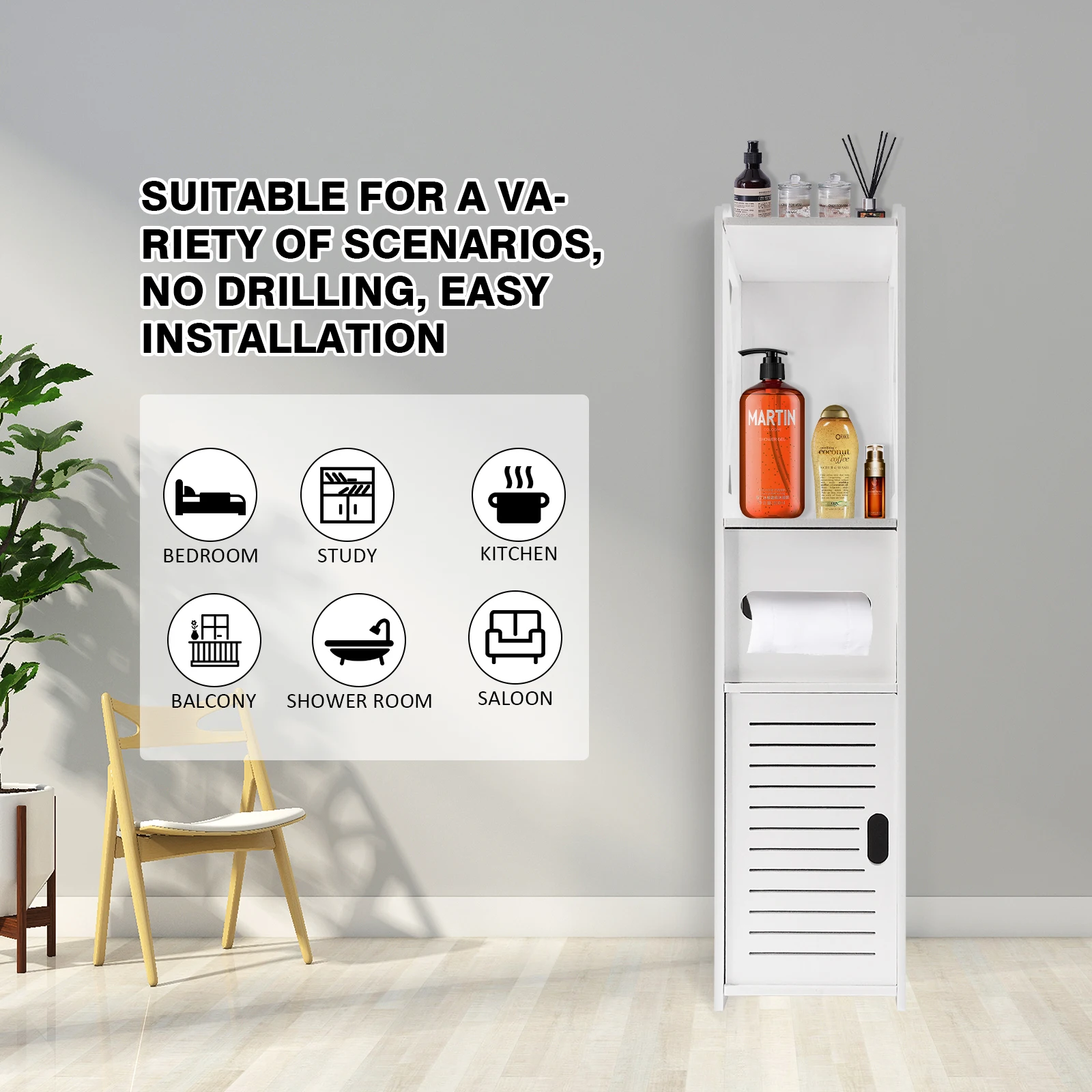 Slim Tall Bathroom Cabinet with Door 80x20x12cm PVC Material Waterproof Easy Install And Clean Storage Solution for Bathrooms