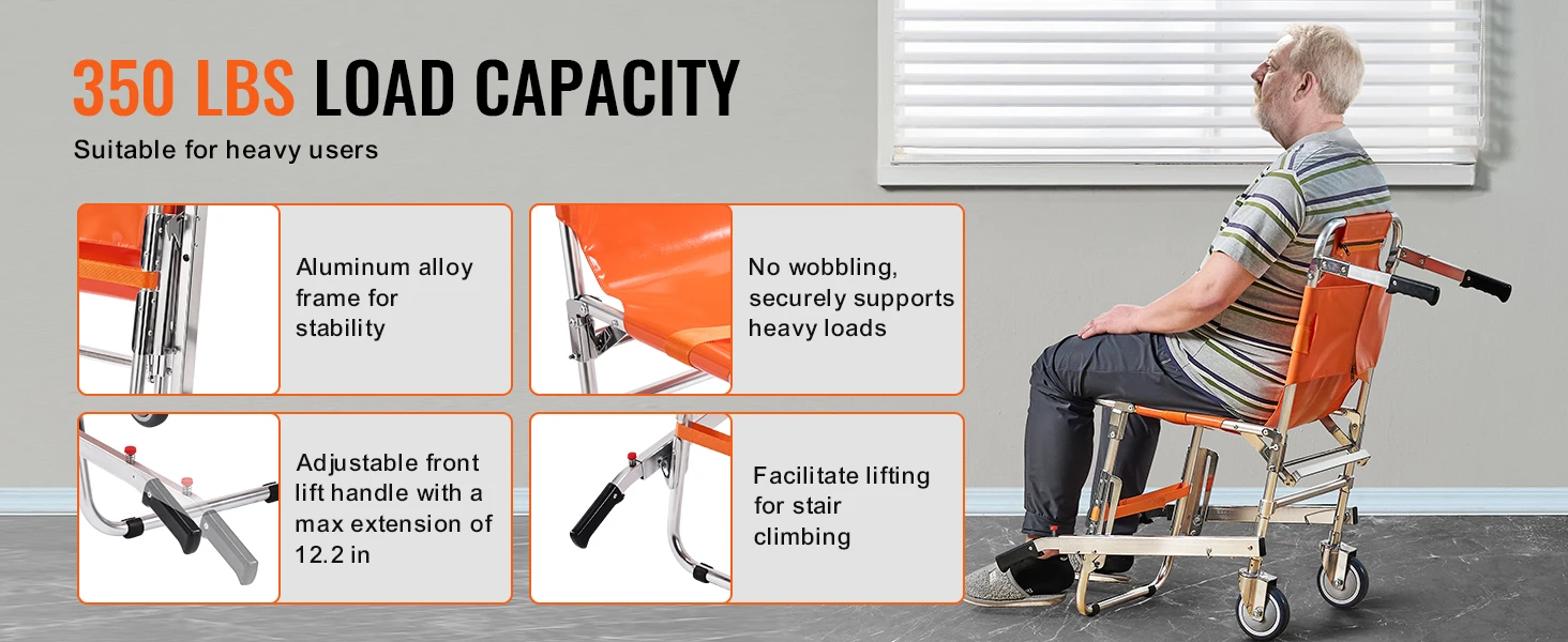 SucceBuy 350lbs EMS Stair Climbing Chair Foldable Stair Wheelchair Ambulance Firefighter Evacuation Use for Elderly Disabled
