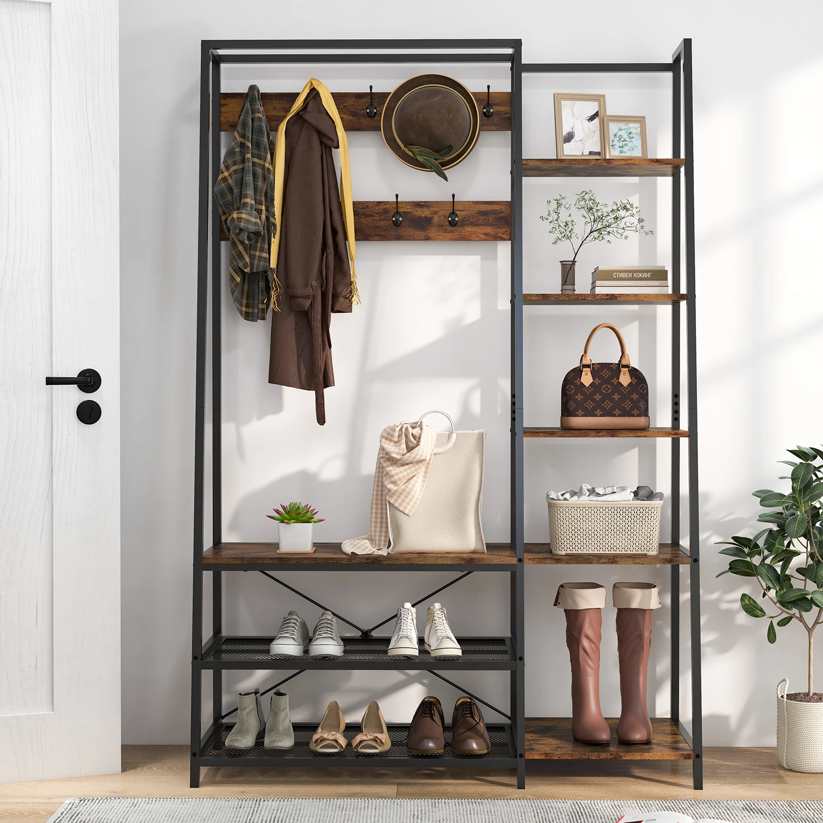 Coat rack bench seat & 2 shoe racks & 9 hooks & 5 side shelves & dresses bar dresses stand with shoe bench