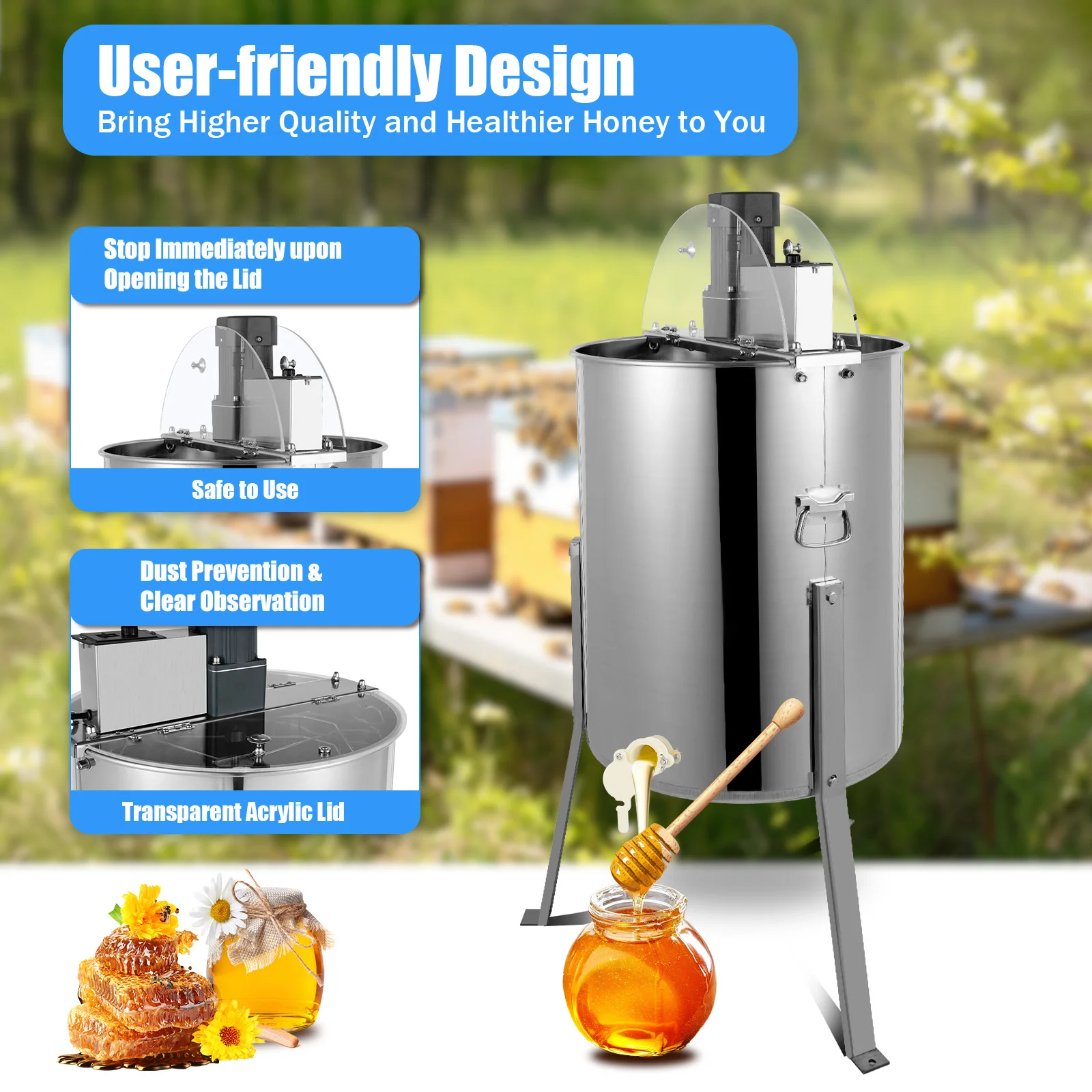 Electric Honey Extractor 10Kg Stainless Steel Beekeeping Extraction 4 Frame Honeycomb Spinner Crank Honey Centrifuge 270rpm