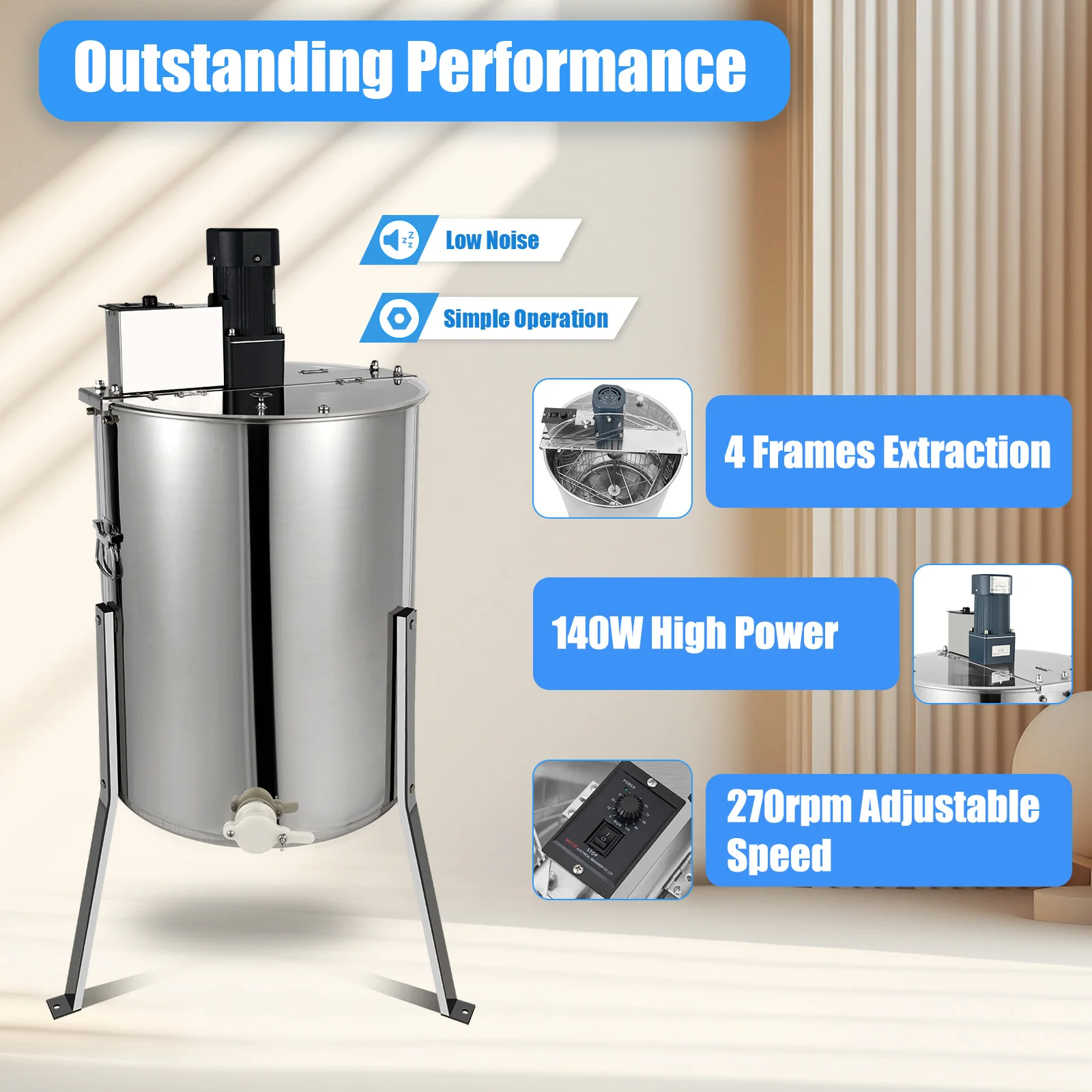 Electric Honey Extractor 10Kg Stainless Steel Beekeeping Extraction 4 Frame Honeycomb Spinner Crank Honey Centrifuge 270rpm