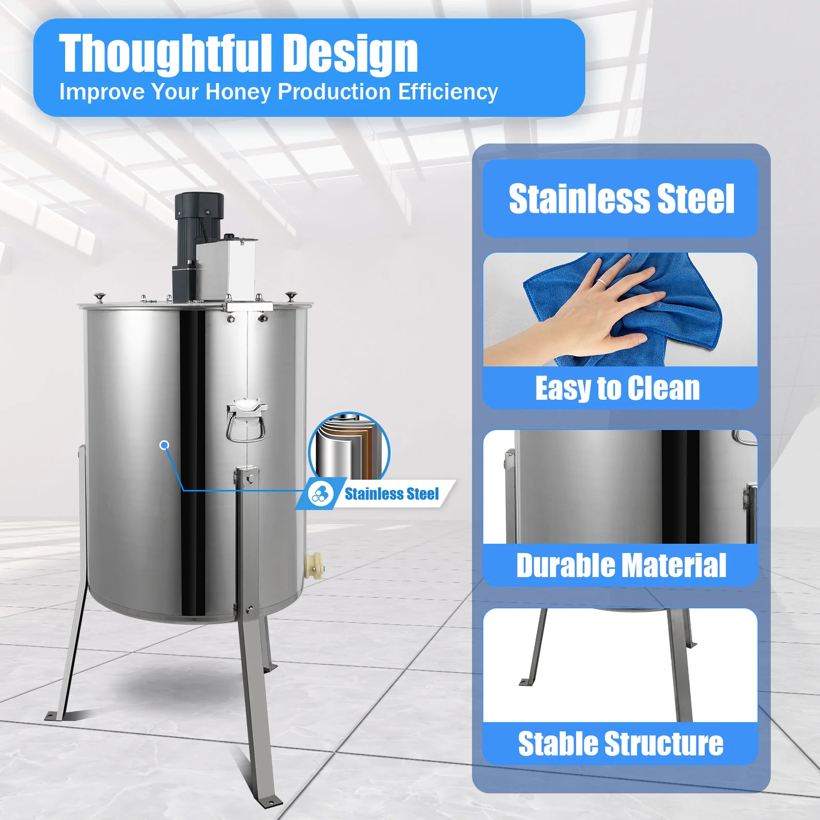 Electric Honey Extractor 10Kg Stainless Steel Beekeeping Extraction 4 Frame Honeycomb Spinner Crank Honey Centrifuge 270rpm