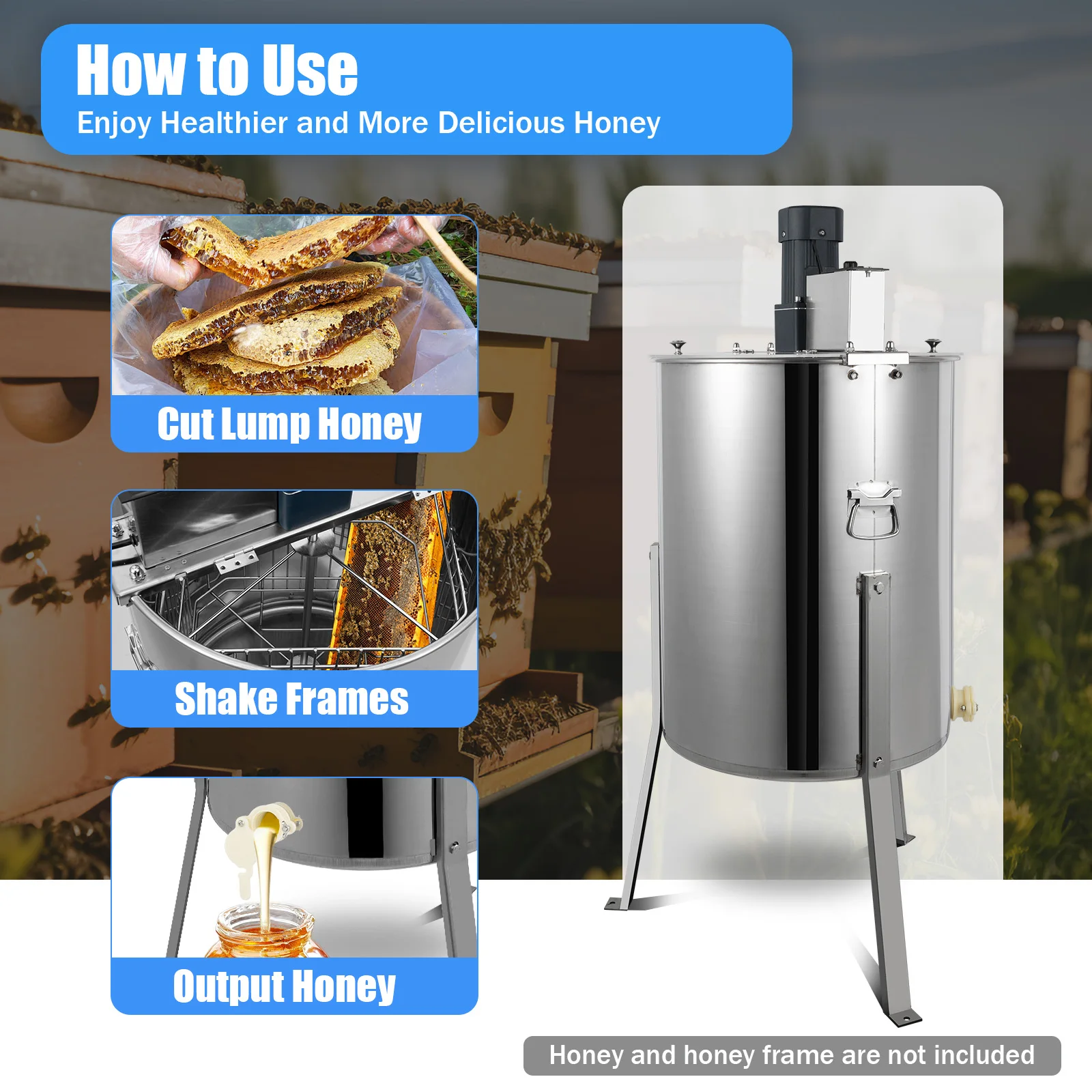 Electric Honey Extractor 10Kg Stainless Steel Beekeeping Extraction 4 Frame Honeycomb Spinner Crank Honey Centrifuge 270rpm