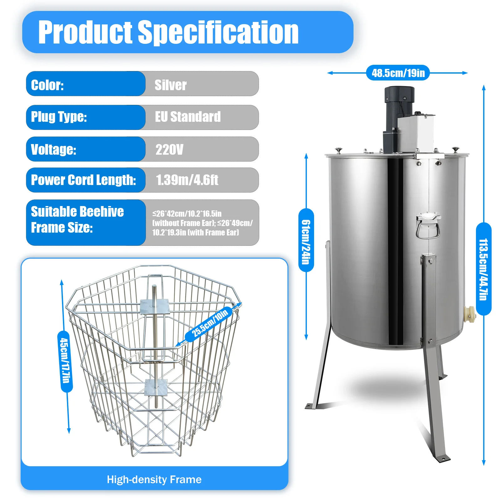 Electric Honey Extractor 10Kg Stainless Steel Beekeeping Extraction 4 Frame Honeycomb Spinner Crank Honey Centrifuge 270rpm