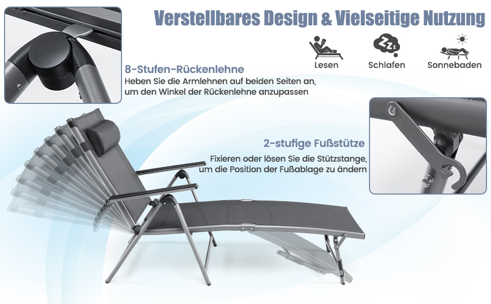 Folding sun lounger, aluminum garden lounger with 8-tier adjustable backrest, pillow and adjustable footboard
