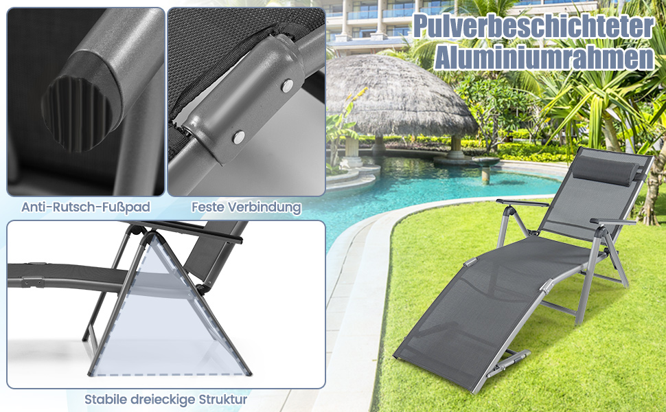 Folding sun lounger, aluminum garden lounger with 8-tier adjustable backrest, pillow and adjustable footboard