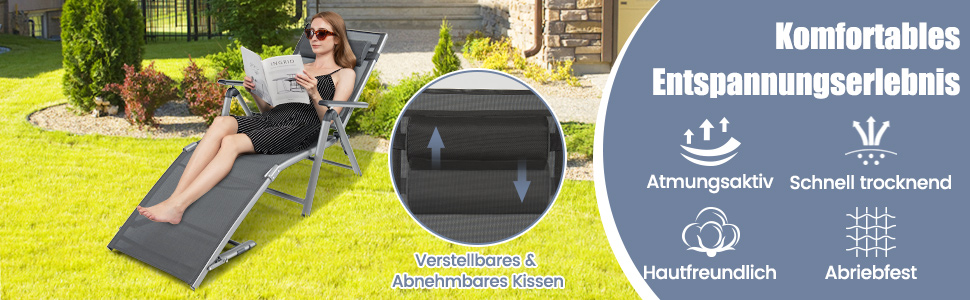 Folding sun lounger, aluminum garden lounger with 8-tier adjustable backrest, pillow and adjustable footboard