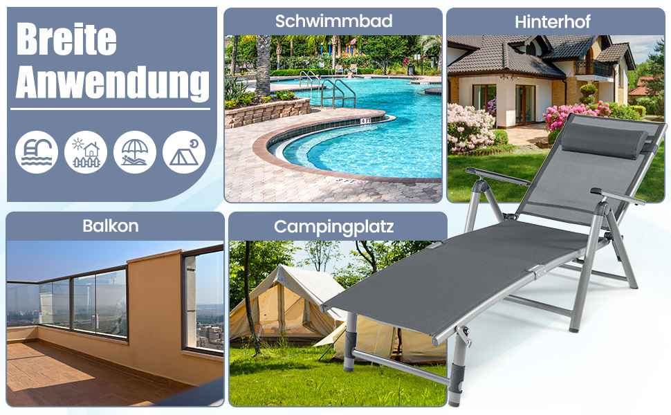 Folding sun lounger, aluminum garden lounger with 8-tier adjustable backrest, pillow and adjustable footboard