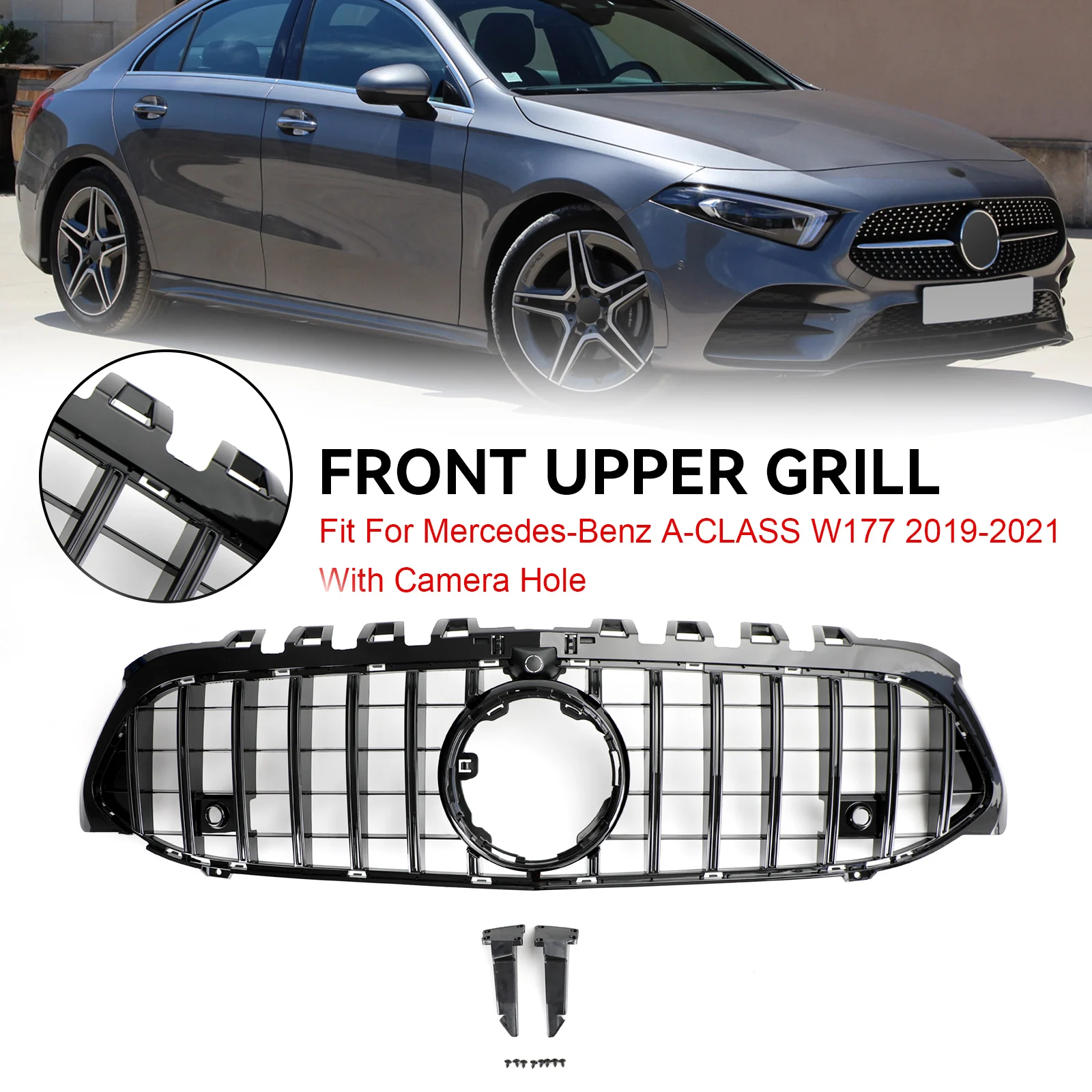 GT Style Front Bumper Grille Fit for Mercedes Benz A-Class W177 2019-2023 Black