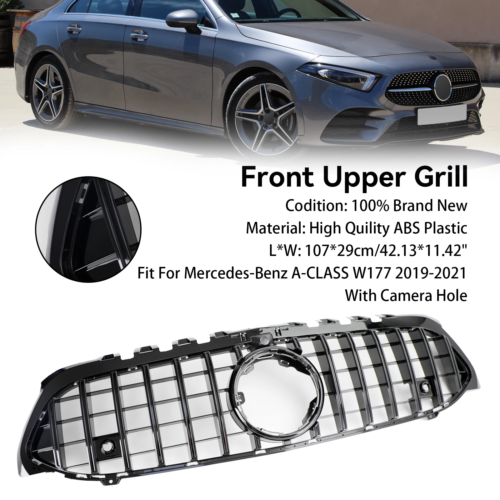 GT Style Front Bumper Grille Fit for Mercedes Benz A-Class W177 2019-2023 Black