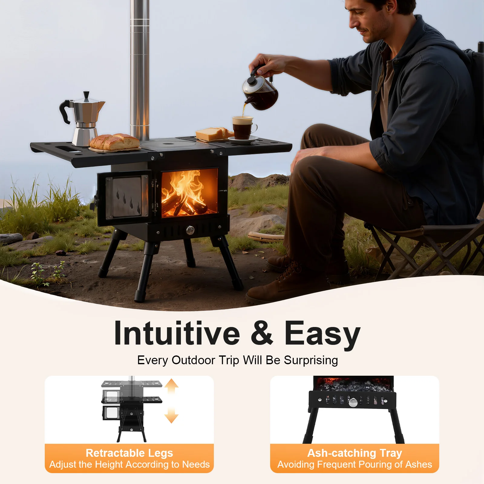 Foldable Wood Burning Camping Stove with Chimney Portable Stainless Steel Stove for Outdoor Cooking Fishing Backpacking Heating