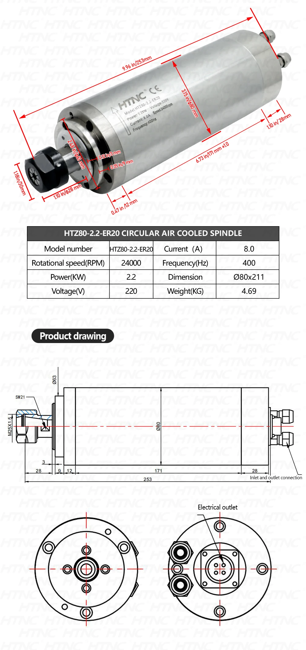 HTNC 2.2KW Water Cooled CNC Spindle Motor Kit 220V ER20 24000RPM 80mm Round Spindle with VFD Inverter Water Pump Bracket Collets for CNC Router Engraver