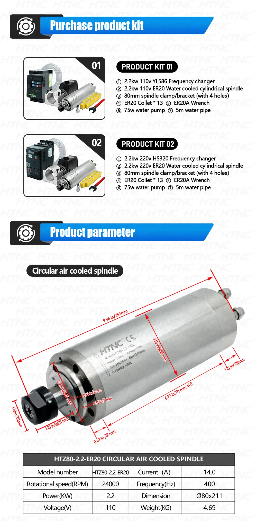 HTNC 2.2KW Water Cooled CNC Spindle Motor Kit 220V ER20 24000RPM 80mm Round Spindle with VFD Inverter Water Pump Bracket Collets for CNC Router Engraver