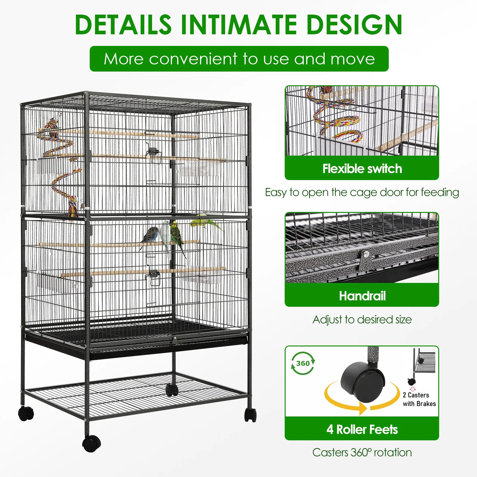 Large Birdcage Metal Cage Standing Birdcage 52x78x132cm, Pet Products Wrought Iron Flight Cage with Stand F040 Black Bird Cage