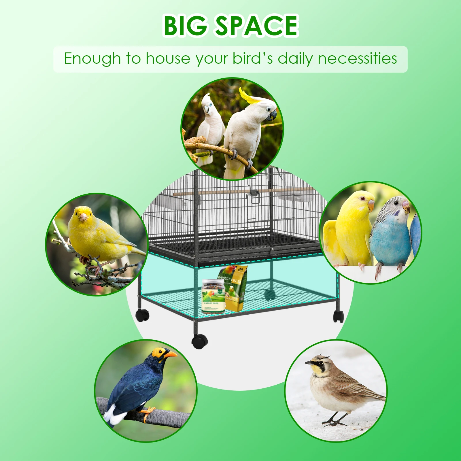 Large Birdcage Metal Cage Standing Birdcage 52x78x132cm, Pet Products Wrought Iron Flight Cage with Stand F040 Black Bird Cage