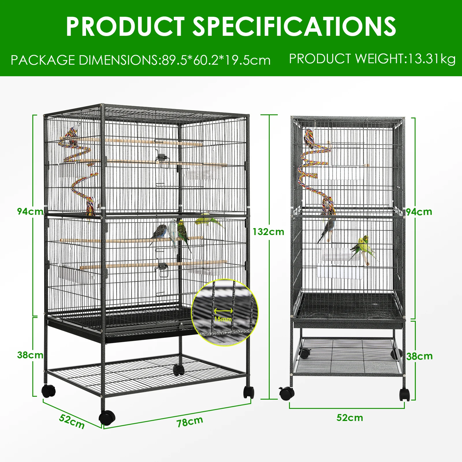 Large Birdcage Metal Cage Standing Birdcage 52x78x132cm, Pet Products Wrought Iron Flight Cage with Stand F040 Black Bird Cage