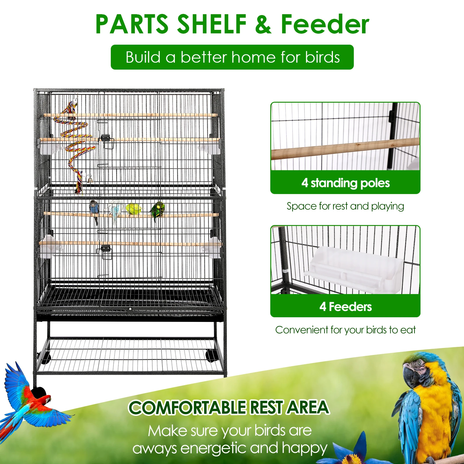 Large Birdcage Metal Cage Standing Birdcage 52x78x132cm, Pet Products Wrought Iron Flight Cage with Stand F040 Black Bird Cage