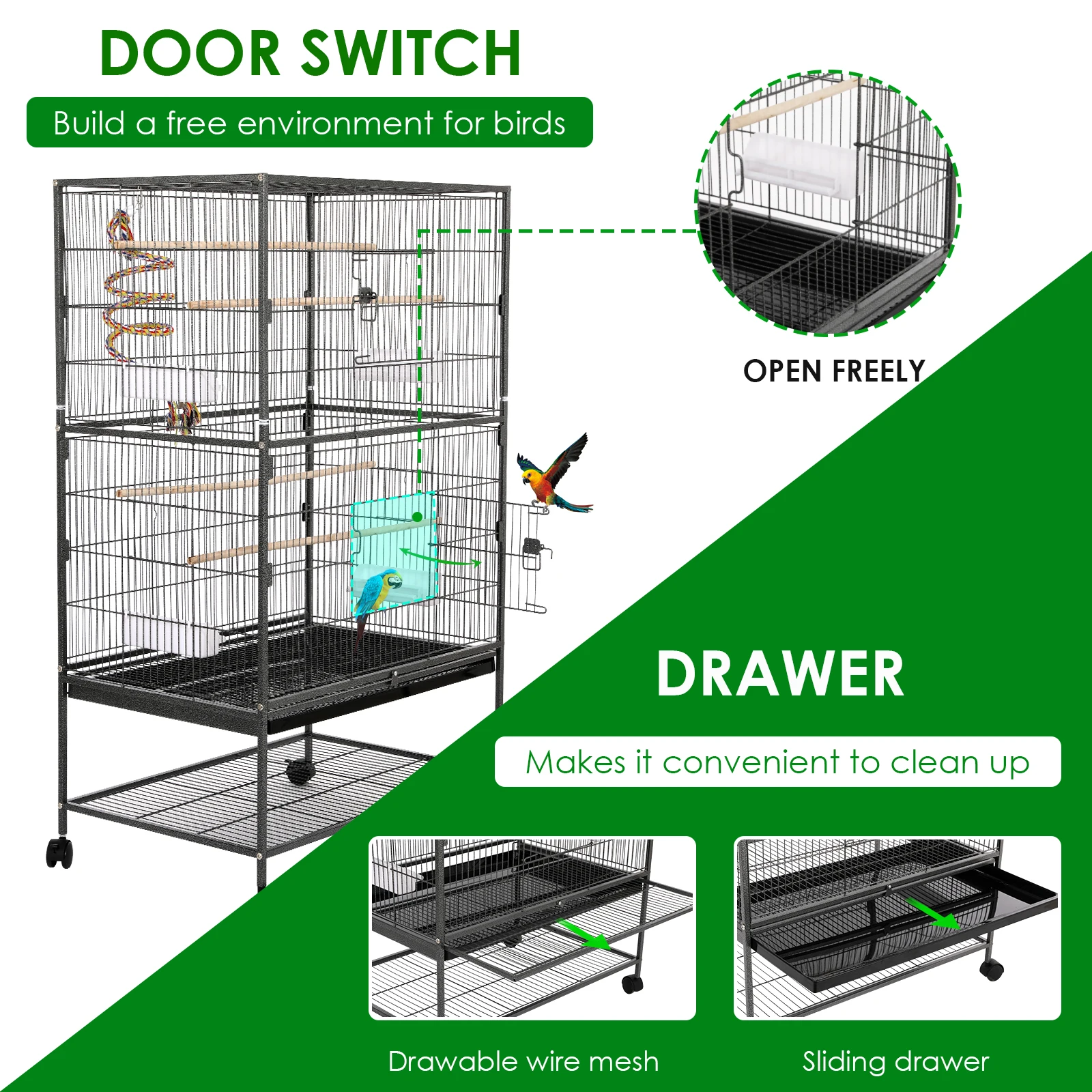 Large Birdcage Metal Cage Standing Birdcage 52x78x132cm, Pet Products Wrought Iron Flight Cage with Stand F040 Black Bird Cage