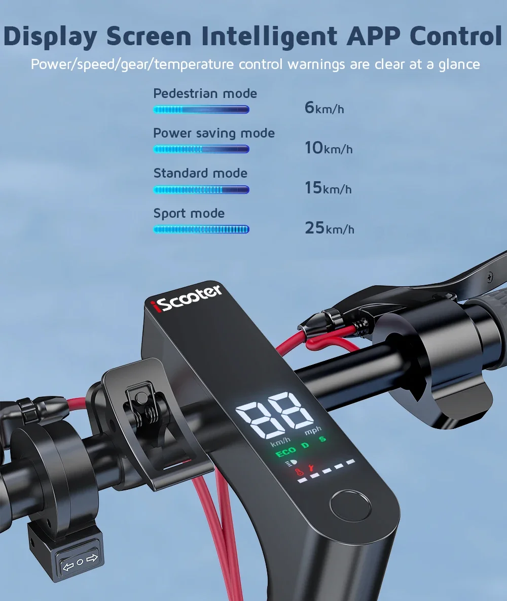 Electric Scooter i10 battery 15 Ah inflatable tires 10 inch range 45 km maximum speed 25 km/h mobile app compatible