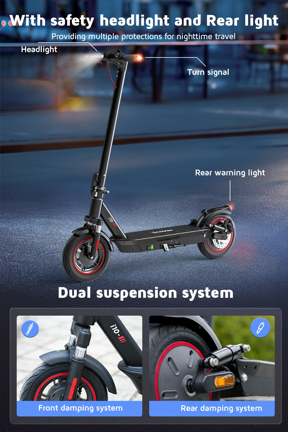 Electric Scooter i10 battery 15 Ah inflatable tires 10 inch range 45 km maximum speed 25 km/h mobile app compatible
