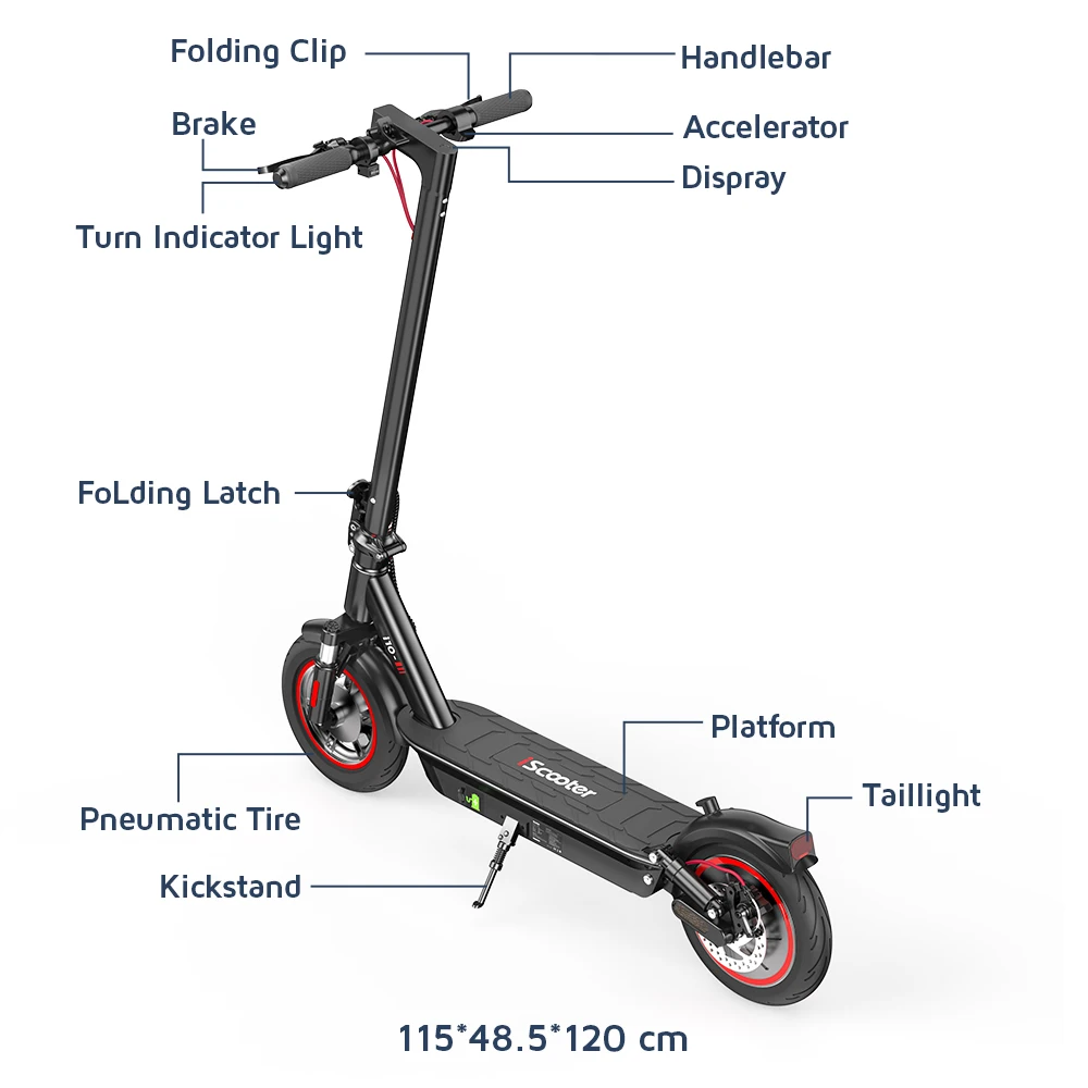 Electric Scooter i10 battery 15 Ah inflatable tires 10 inch range 45 km maximum speed 25 km/h mobile app compatible