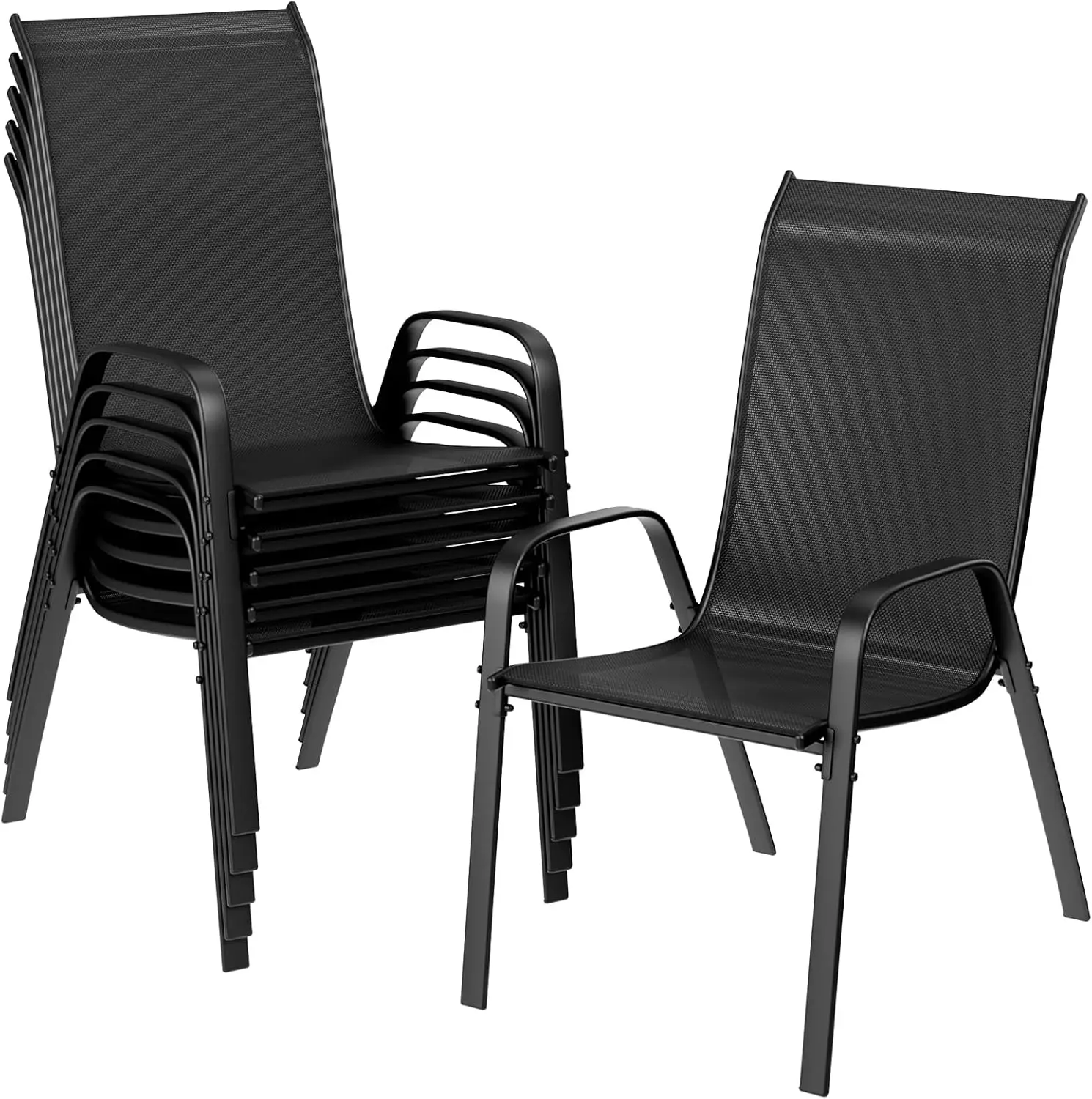 6 Pack Black Outdoor Stack Chair Garden Chairs with Teslin Fabric Flex Comfort Material and Steel-iron Metal Frame,High Back