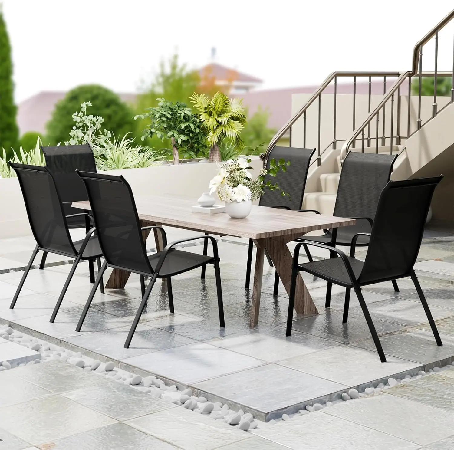 6 Pack Black Outdoor Stack Chair Garden Chairs with Teslin Fabric Flex Comfort Material and Steel-iron Metal Frame,High Back