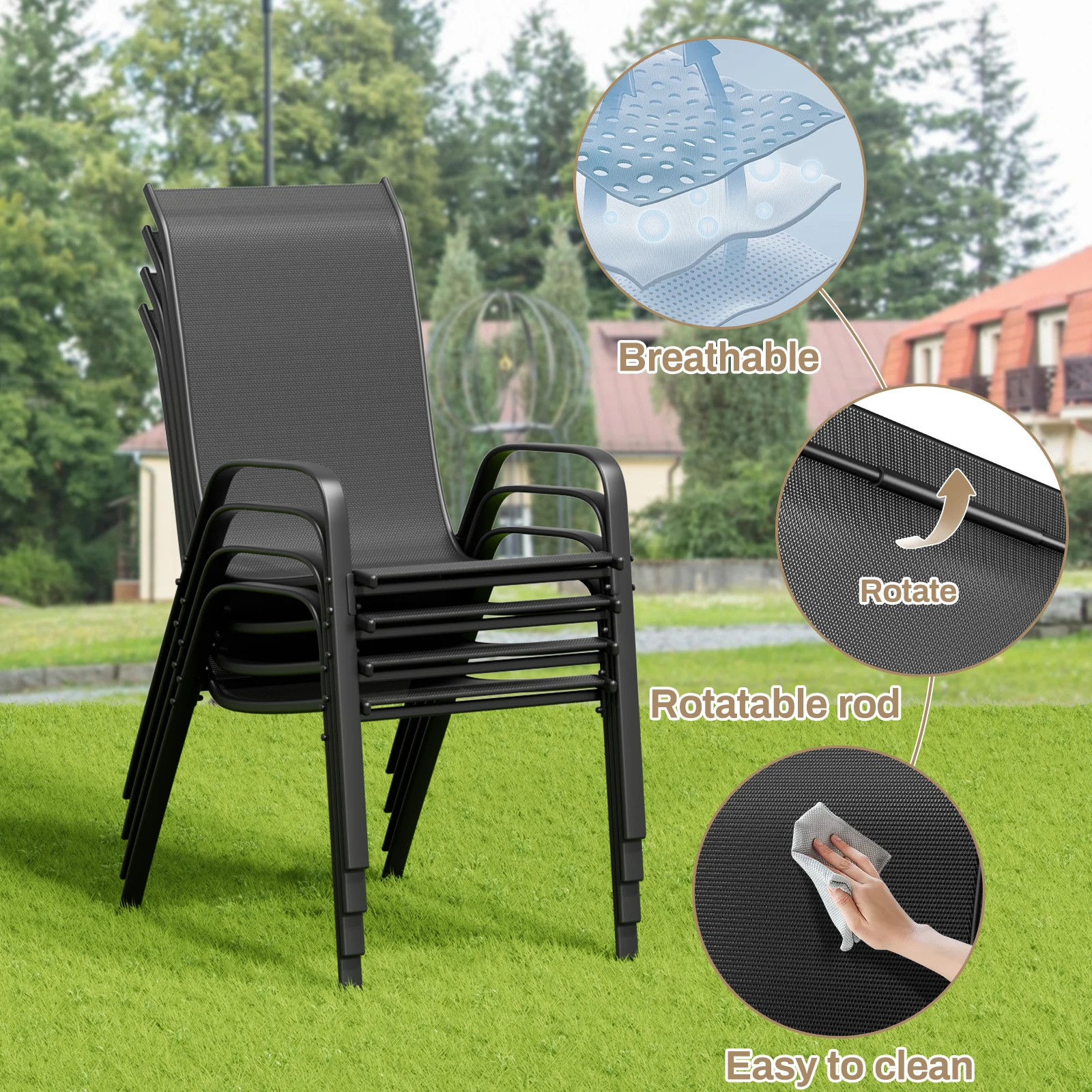 6 Pack Black Outdoor Stack Chair Garden Chairs with Teslin Fabric Flex Comfort Material and Steel-iron Metal Frame,High Back
