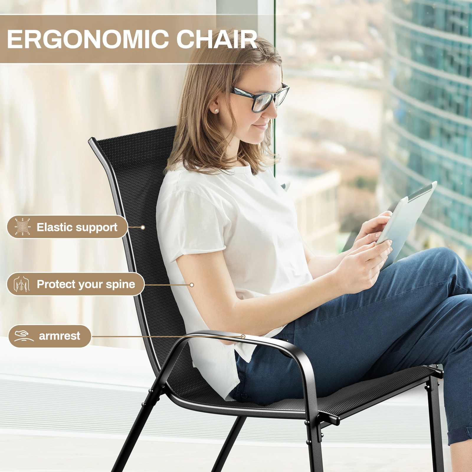 6 Pack Black Outdoor Stack Chair Garden Chairs with Teslin Fabric Flex Comfort Material and Steel-iron Metal Frame,High Back