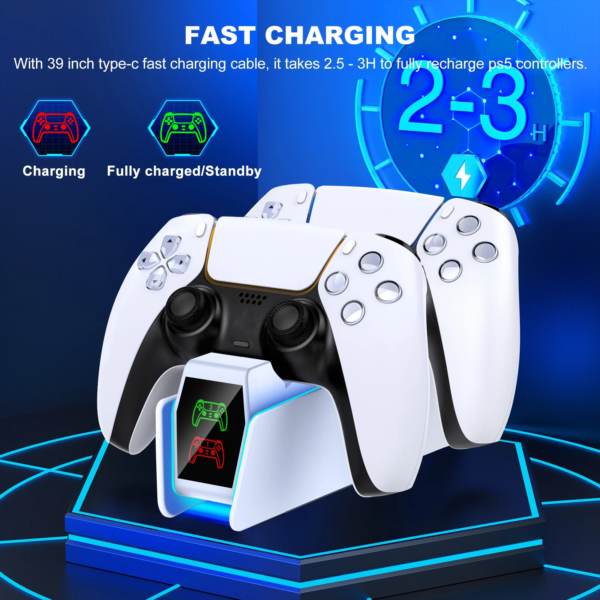 DinoFire Dual Fast Charger for PS5 Wireless Controller Stand for Sony PlayStation 5 Gamepad DualSense Controller Charging Base