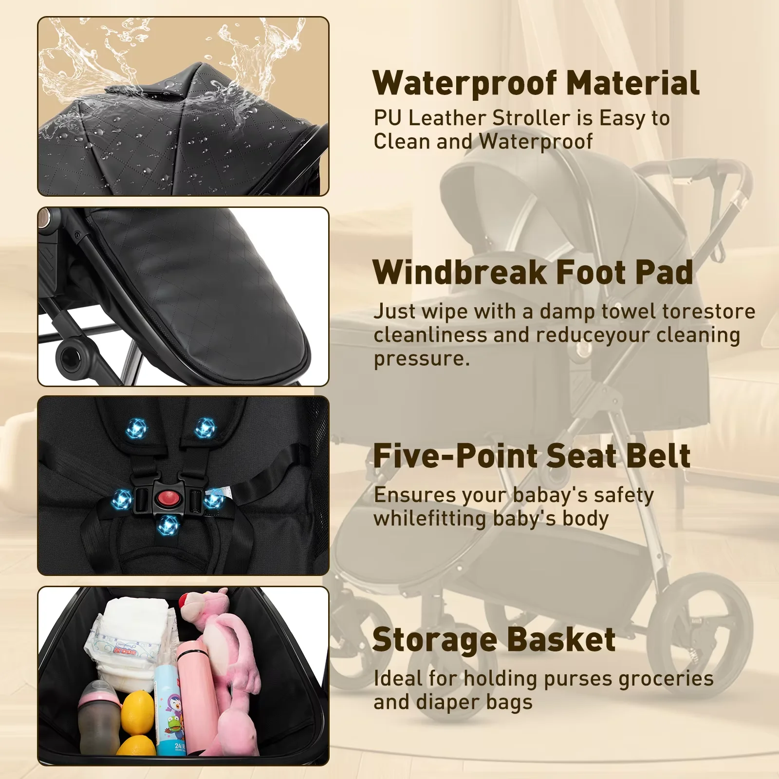 Baby stroller 3 in 1 Baby carriage Portable luxurious travel pram High landscape newborn baby stroller with baby carrier PU