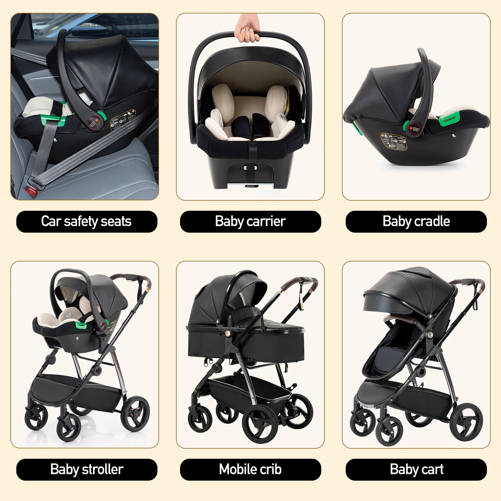 Baby stroller 3 in 1 Baby carriage Portable luxurious travel pram High landscape newborn baby stroller with baby carrier PU