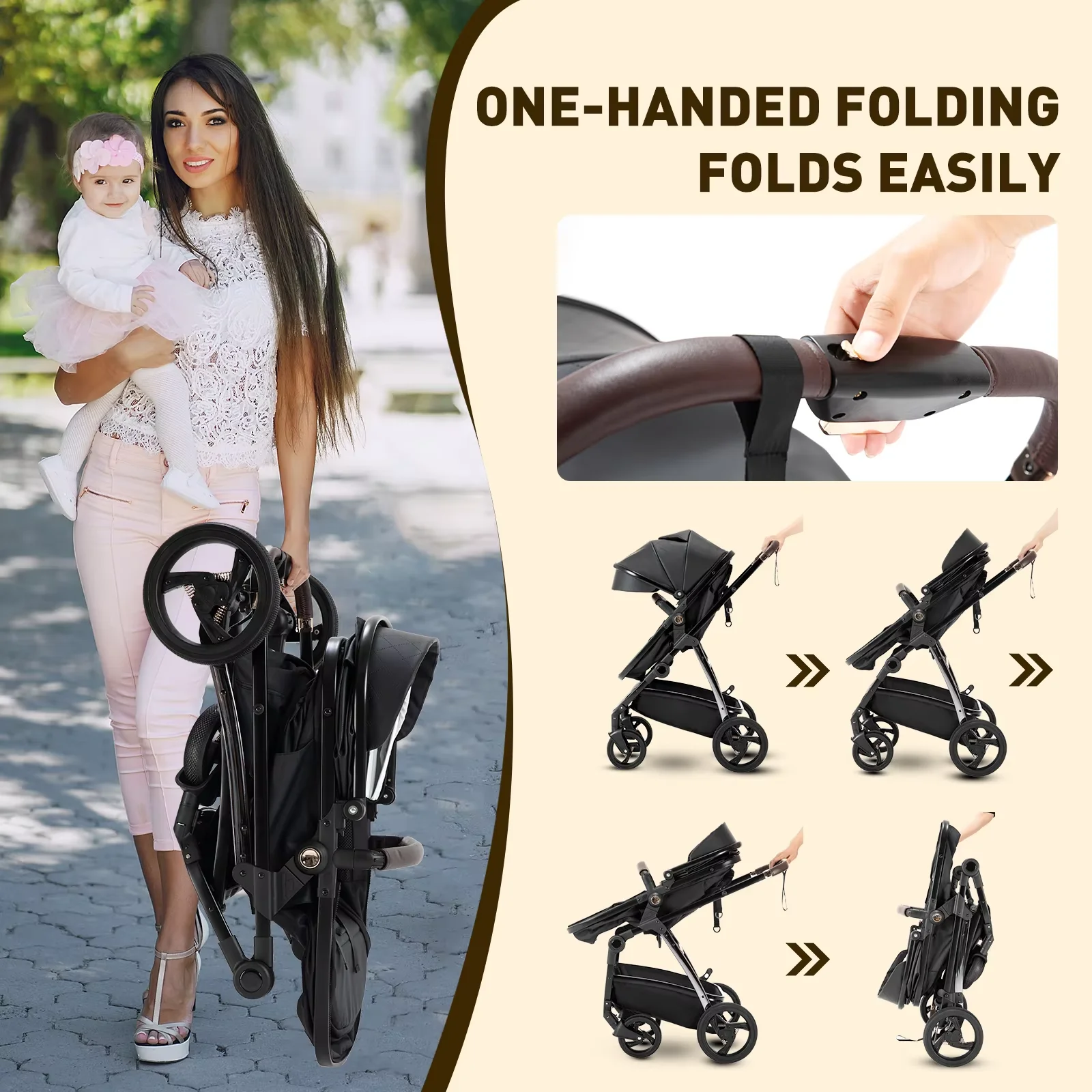 Baby stroller 3 in 1 Baby carriage Portable luxurious travel pram High landscape newborn baby stroller with baby carrier PU