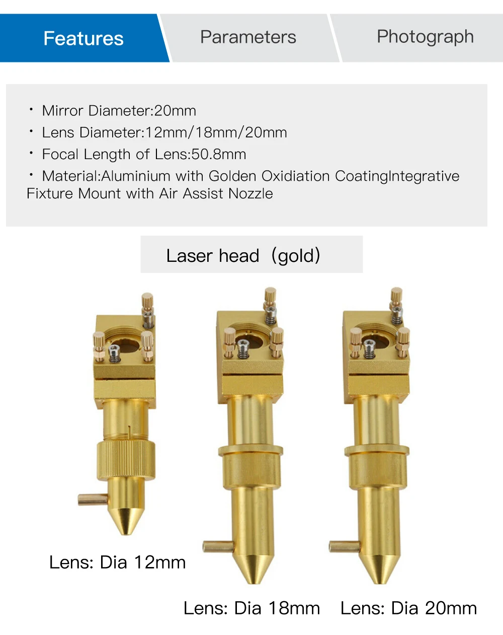 Fonland K Series CO2 Laser Head Set D12 18 20 FL50.8mm Lens for 2030 4060 K40 Laser Engraving Cutting Machine Fast Shipping