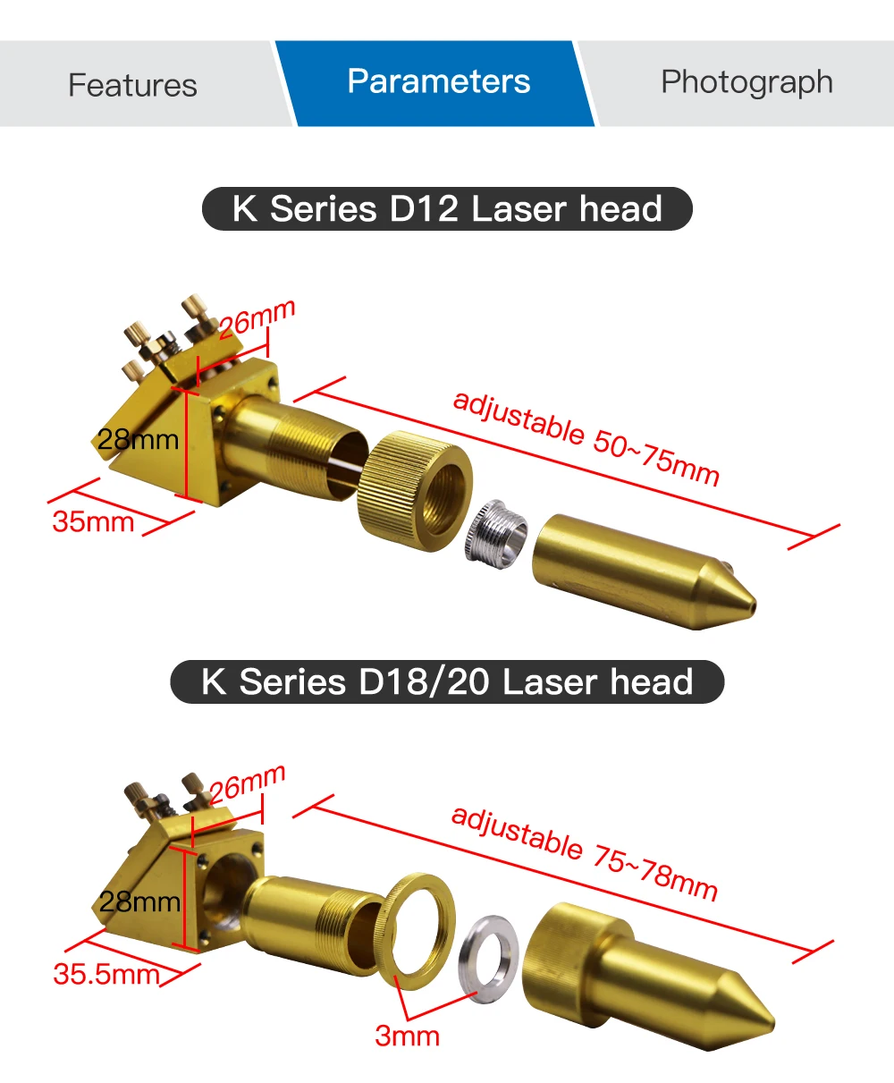 Fonland K Series CO2 Laser Head Set D12 18 20 FL50.8mm Lens for 2030 4060 K40 Laser Engraving Cutting Machine Fast Shipping
